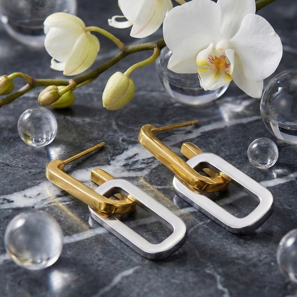 Minimalist Chic Two Tone C Hoop Earrings 18K Gold Plated Stainless Steel - Picture 12 of 14